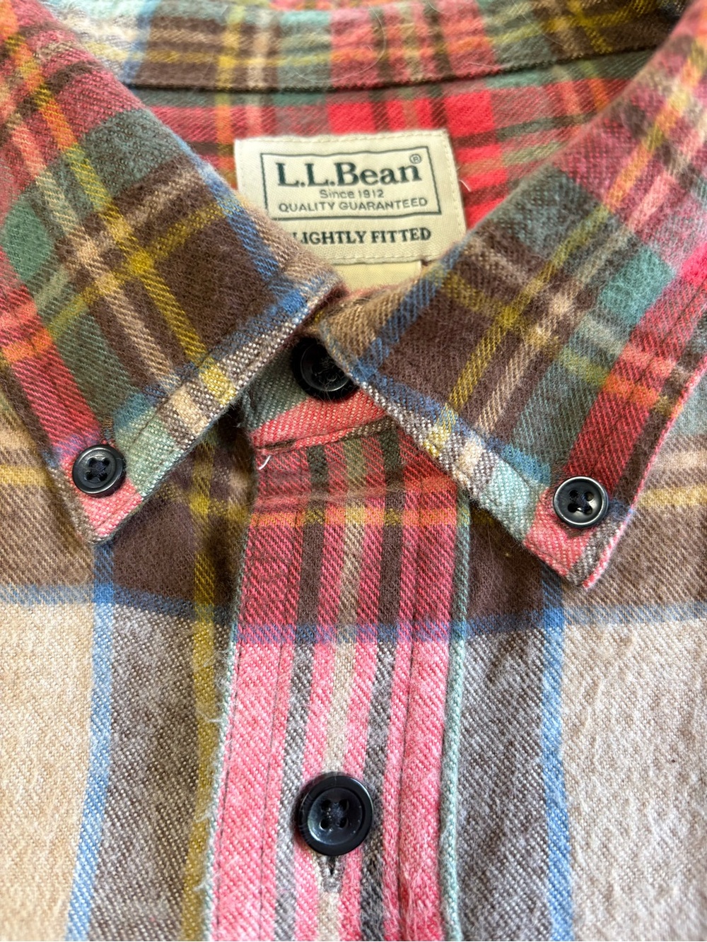 L.L. Bean Brown Plaid Button-Down Shirt with Red and Blue Accents